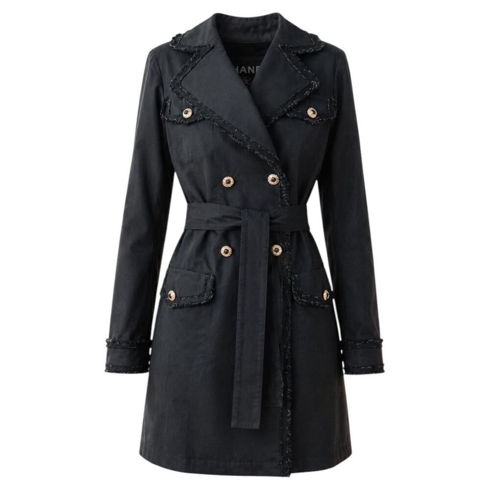 CHANEL 2010 TWEED TRIM TRENCH Coat Jacket Belted Black Cotton Silk Size 40